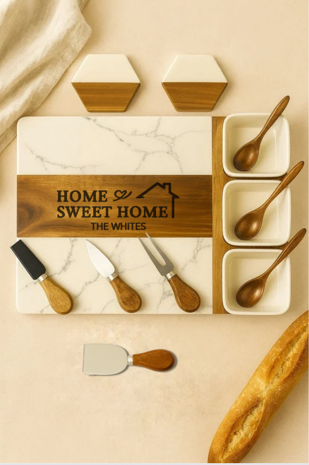 Custom Engraved Acacia & Marble Cheese Board Set – 40 x 30 cm Serving Platter Gift JSGiftboutique
