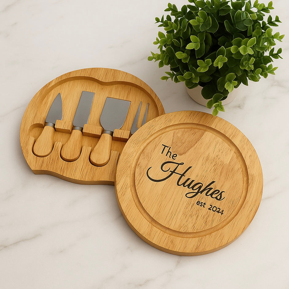 Personalised Wooden Cheese Board with 4 Knives