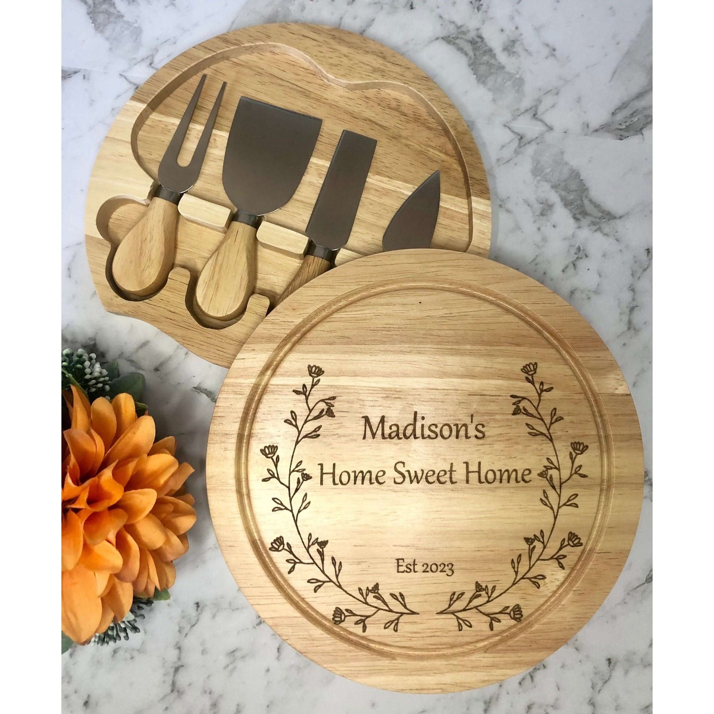 Custom Bamboo Cheese Board - Knives & Hidden Drawer - Half Floral wreath-NEW-JSGiftboutique-JSGiftboutique
