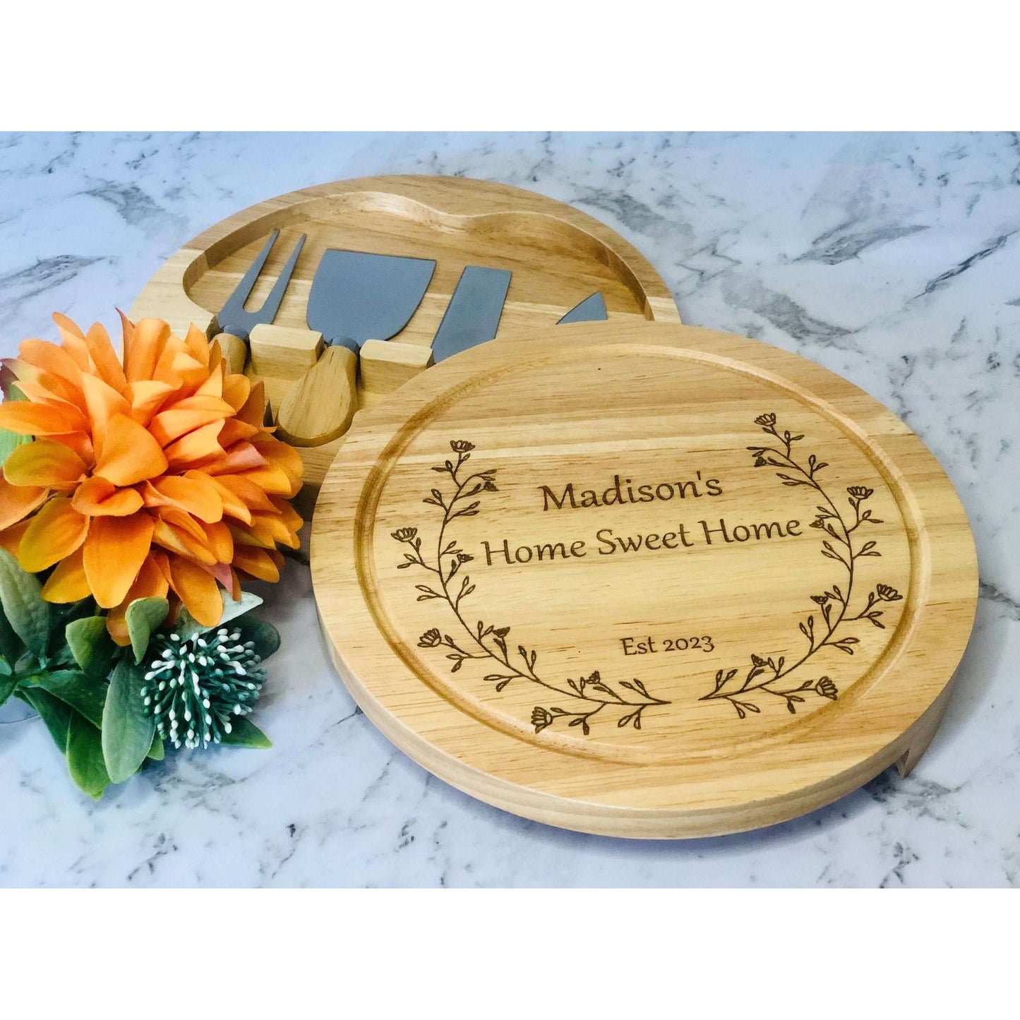 Custom Bamboo Cheese Board - Knives & Hidden Drawer - Half Floral wreath-NEW-JSGiftboutique-JSGiftboutique