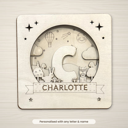 Personalised initial shadow box with letter C and name, laser cut basswood