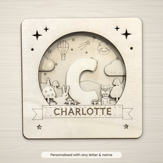 Personalised initial shadow box with letter C and name, laser cut basswood
