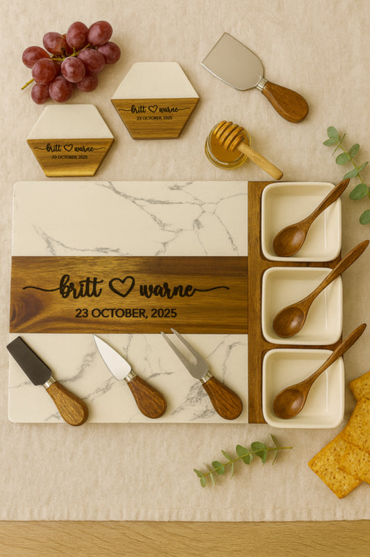 (Copy) Personalised Marble & Acacia Cheese Board Set (40 × 30 cm) JSGiftboutique