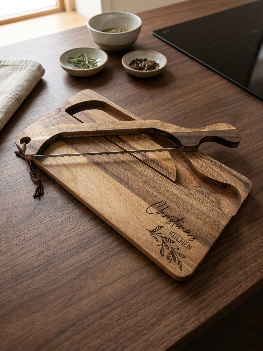 Personalised Acacia Wood Serving Board with Built in Knife JSGiftboutique