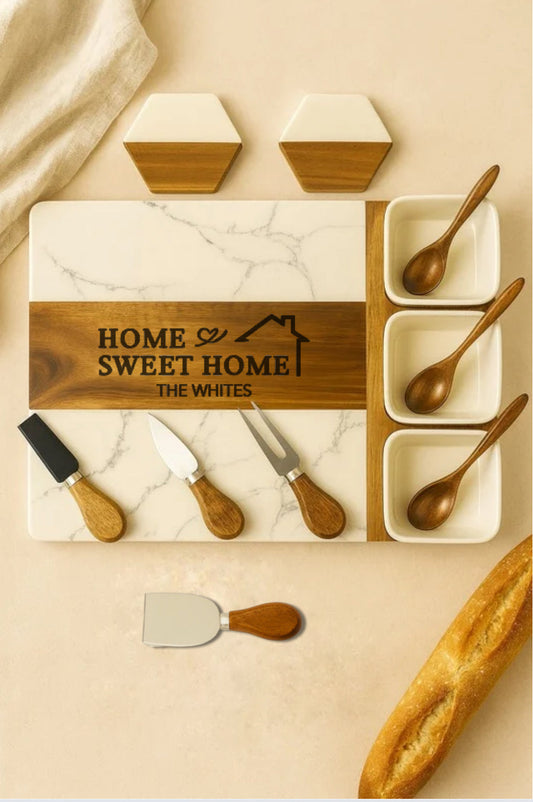 Custom Engraved Acacia & Marble Cheese Board Set – 40 x 30 cm Serving Platter Gift JSGiftboutique