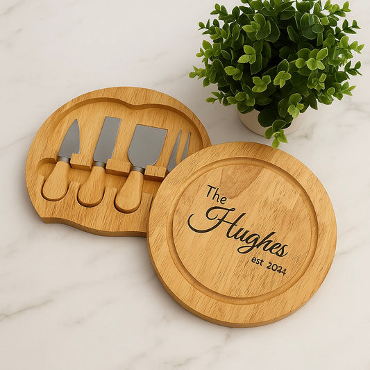Personalised Wooden Cheese Board with 4 Knives