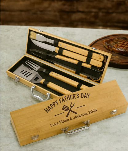 Personalised BBQ Tool Set with Bamboo Case JSGiftboutique