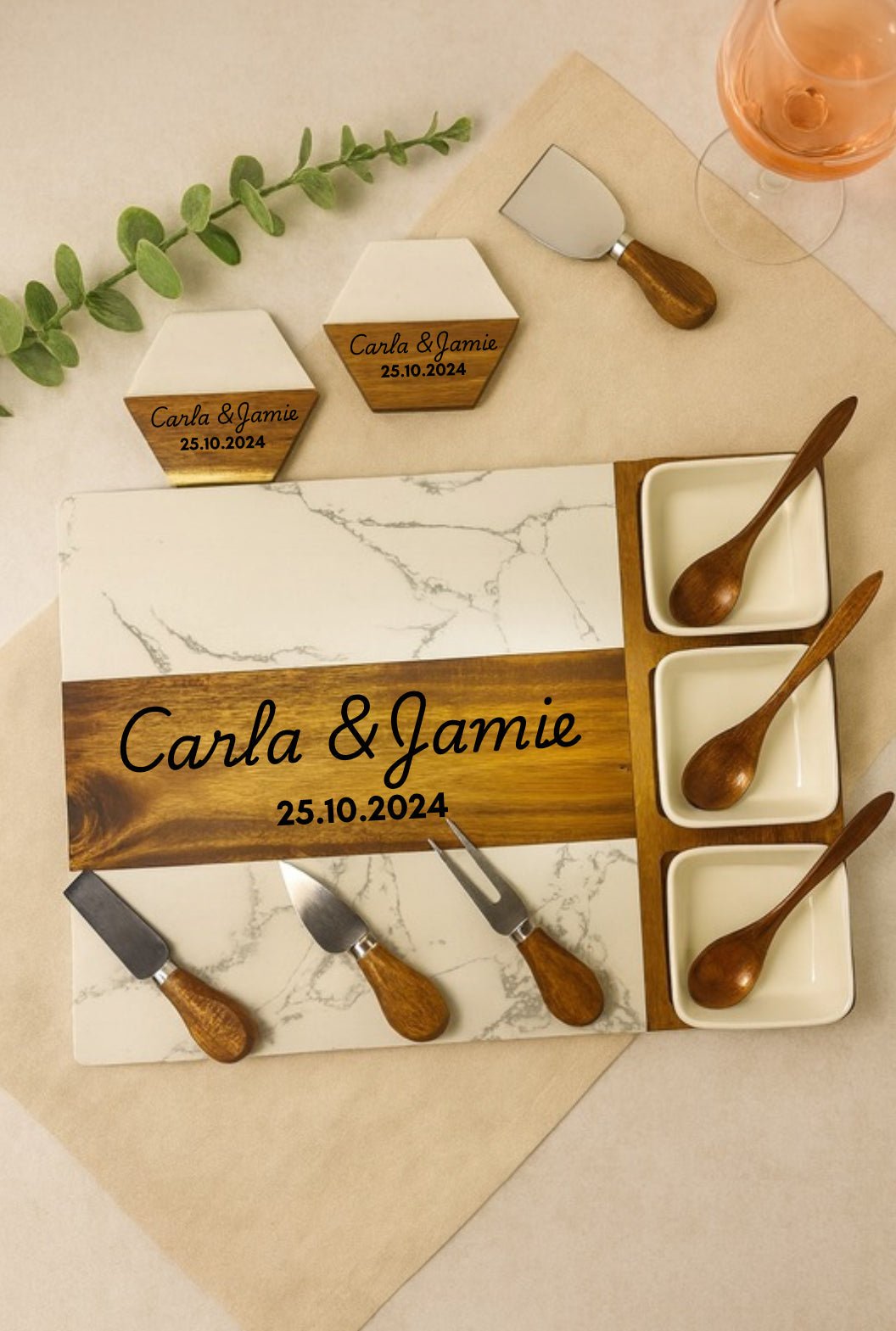 Personalised marble and acacia cheese board set
