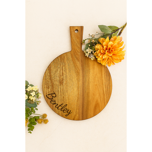 Custom Acacia Pizza Board with Script Name Engraving – Personalised Rustic Serving Tray with Handle