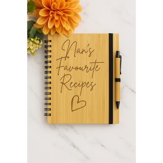 Engraved Bamboo Recipe Notebook with Pen – Nans Favourite Recipes Personalised Gift
