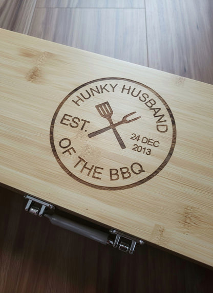 Personalised BBQ Tool Set with Bamboo Case JSGiftboutique