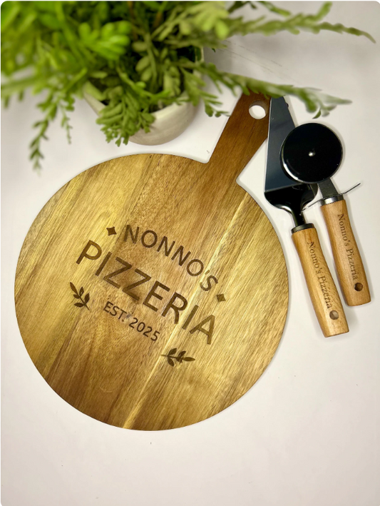 Personalised Acacia Wood Pizza Paddle Set | Custom Engraved 3-Piece Pizza Serving Kit JSGiftboutique