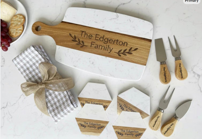 Personalised Acacia & Marble Serving Set JSGiftboutique