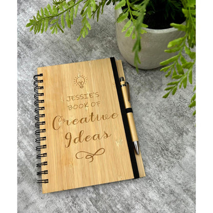Custom laser engraved bamboo notebook and pen
