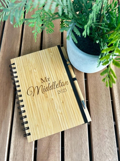 Personalised bamboo notebook with pen, custom laser engraved