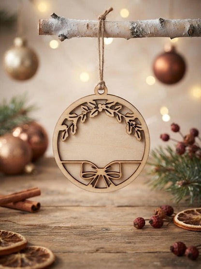 Personalised wooden Christmas ornament hanging on tree