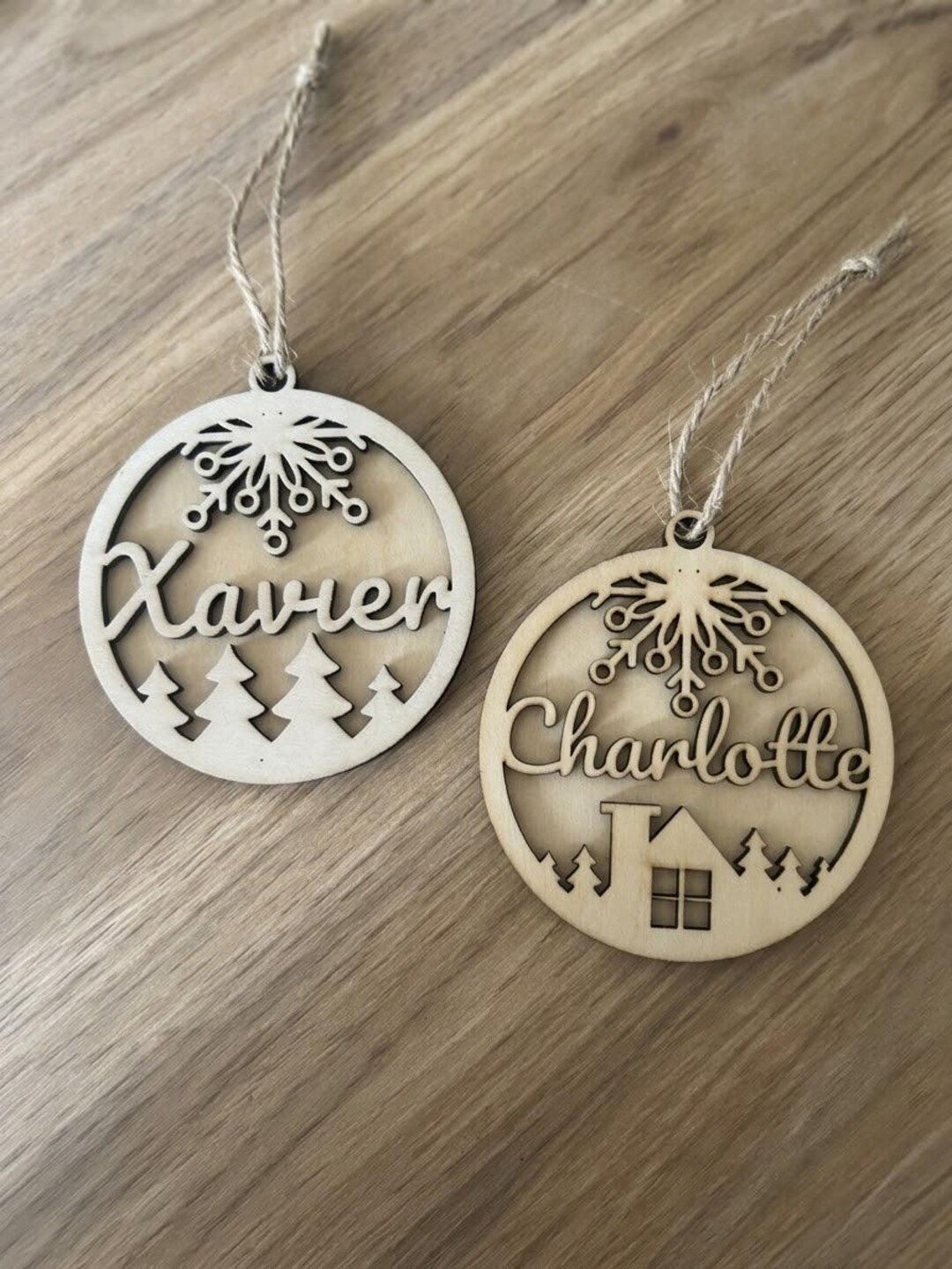 Personalised wooden Christmas ornament with message on back