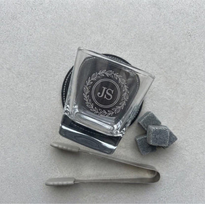 Laser engraved whiskey glass detail