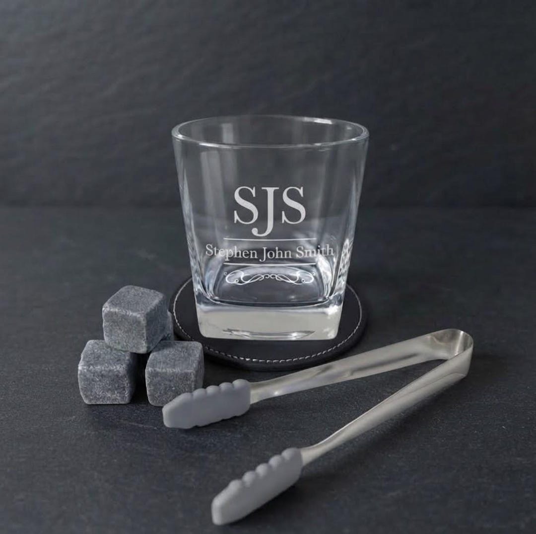 Engraved whiskey glass gift set with stones, tongs and coaster