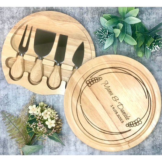 Bamboo Charcuterie Board Set with Hidden Knives - Wine Grapes Wreath
